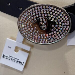 NWT TRUE RELIGION Horseshoe Belt Bling Rhinestone Buckle Black Size S/M